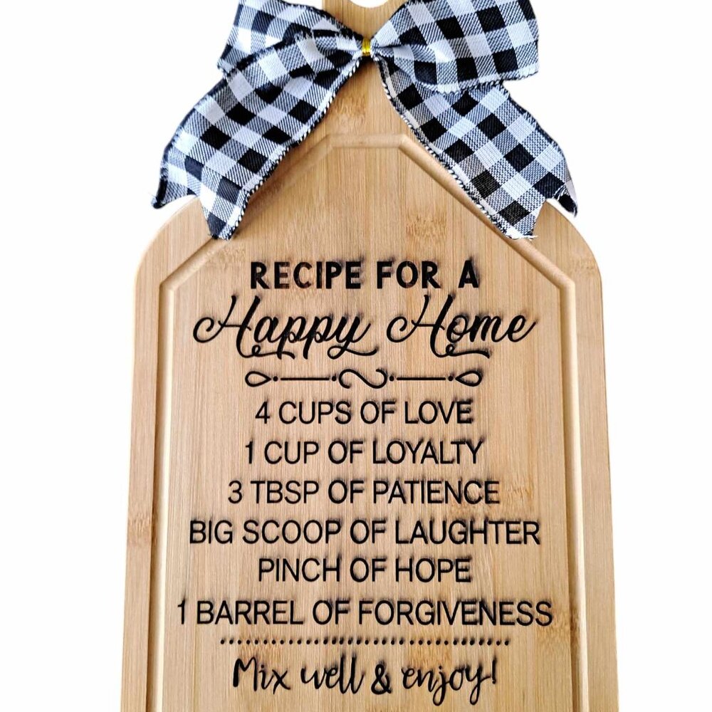 Decorative Bamboo Cutting Board Laser Engraved with Recipe for a Happy Home NEW